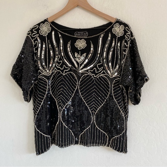 Jean for Joseph Le Bon Women’s L Vintage Silk Beaded Sequin Floral Top Blouse - Picture 1 of 6
